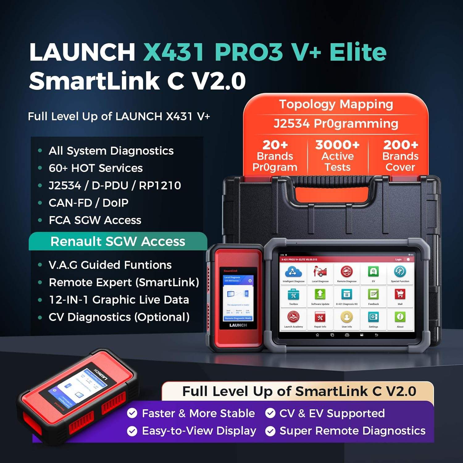 LAUNCH X431 PRO3 V+ Elite with SmartLink C OBDII Automotive Car Diagnostic Scanner Diagnosis Machine for Cars and Trucks