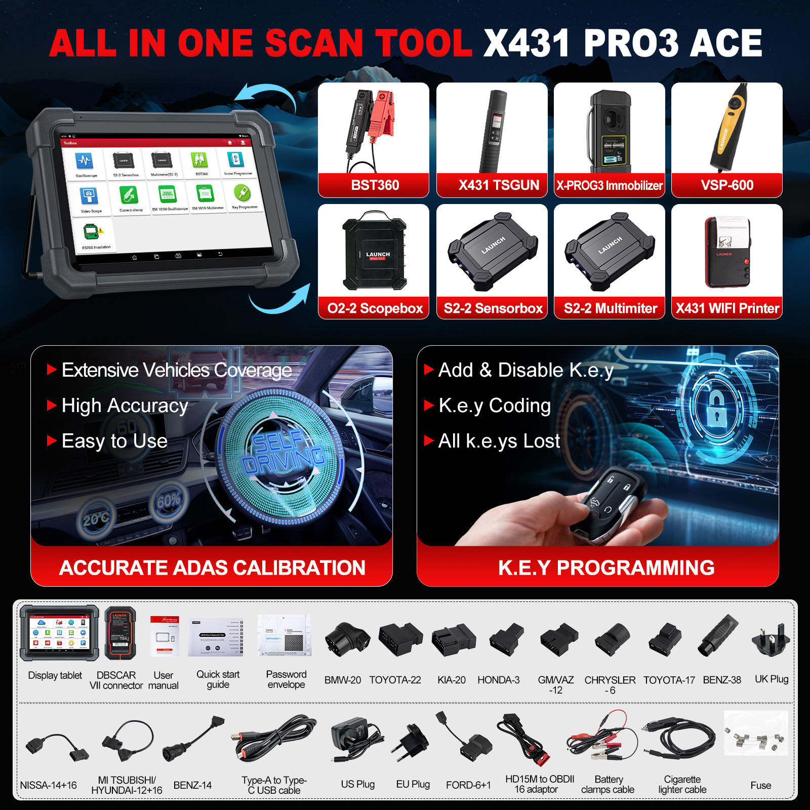 LAUNCH X431 PRO3 ACE OBD2 Car Diagnostic Scanner with DBScar VII Bidirectional Control All System Diagnostic Tools for 12V Cars