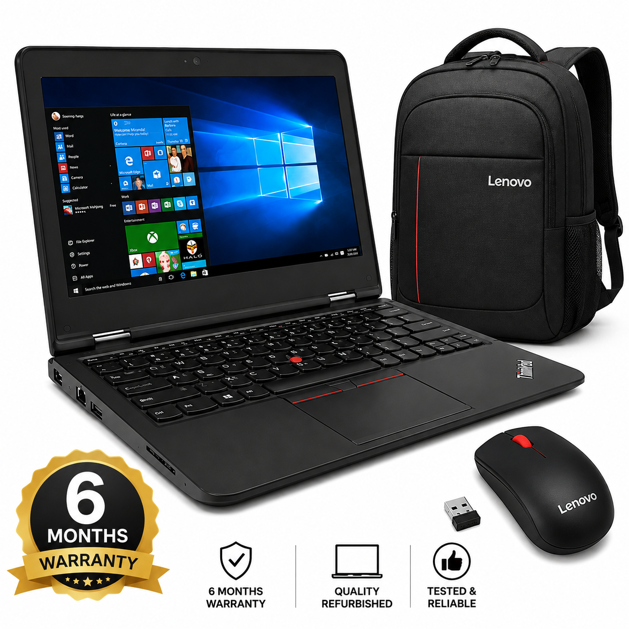 Lenovo ThinkPad 11E, Non-Touch, Intel, 4 GB Ram, 128 GB SSD, 12.5" Display, Ideal for Business and Education Series + Free Laptop Bag & Mouse, - Black