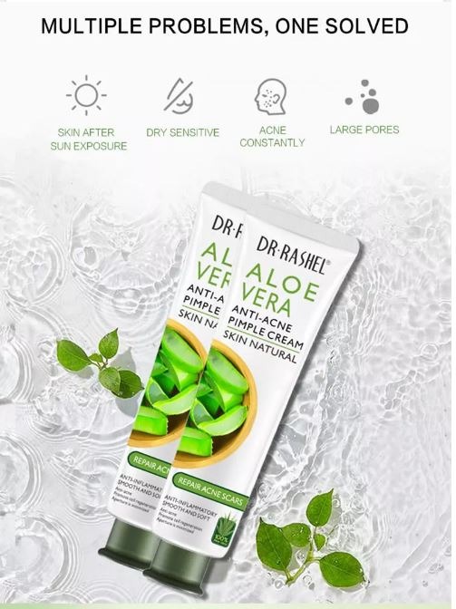 DR Rashel Aloe Vera Anti-Acne Pimple Cream 30g is an acne treatment product that uses the anti-inflammatory and healing properties of aloe vera to soothe skin, control breakouts, and fade acne scars.
