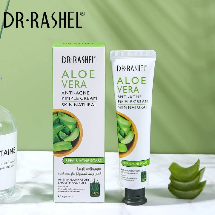 DR Rashel Aloe Vera Anti-Acne Pimple Cream 30g is an acne treatment product that uses the anti-inflammatory and healing properties of aloe vera to soothe skin, control breakouts, and fade acne scars.