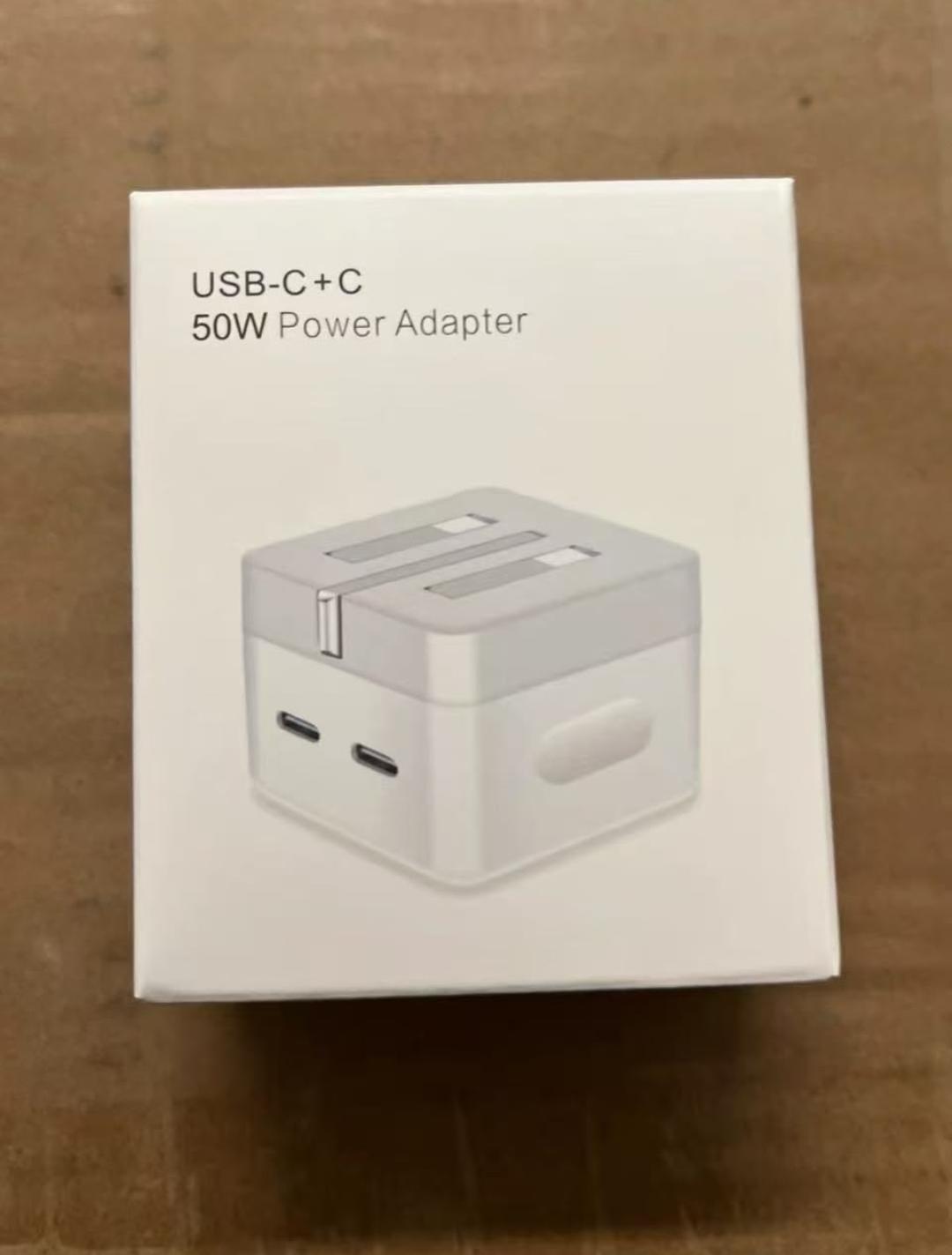 Apple 50W PD Fast Charge Adapter – Dual USB-C+C Power Adapter in White for iPhone, iPad, AirPods and Other Compatible USB-C Devices