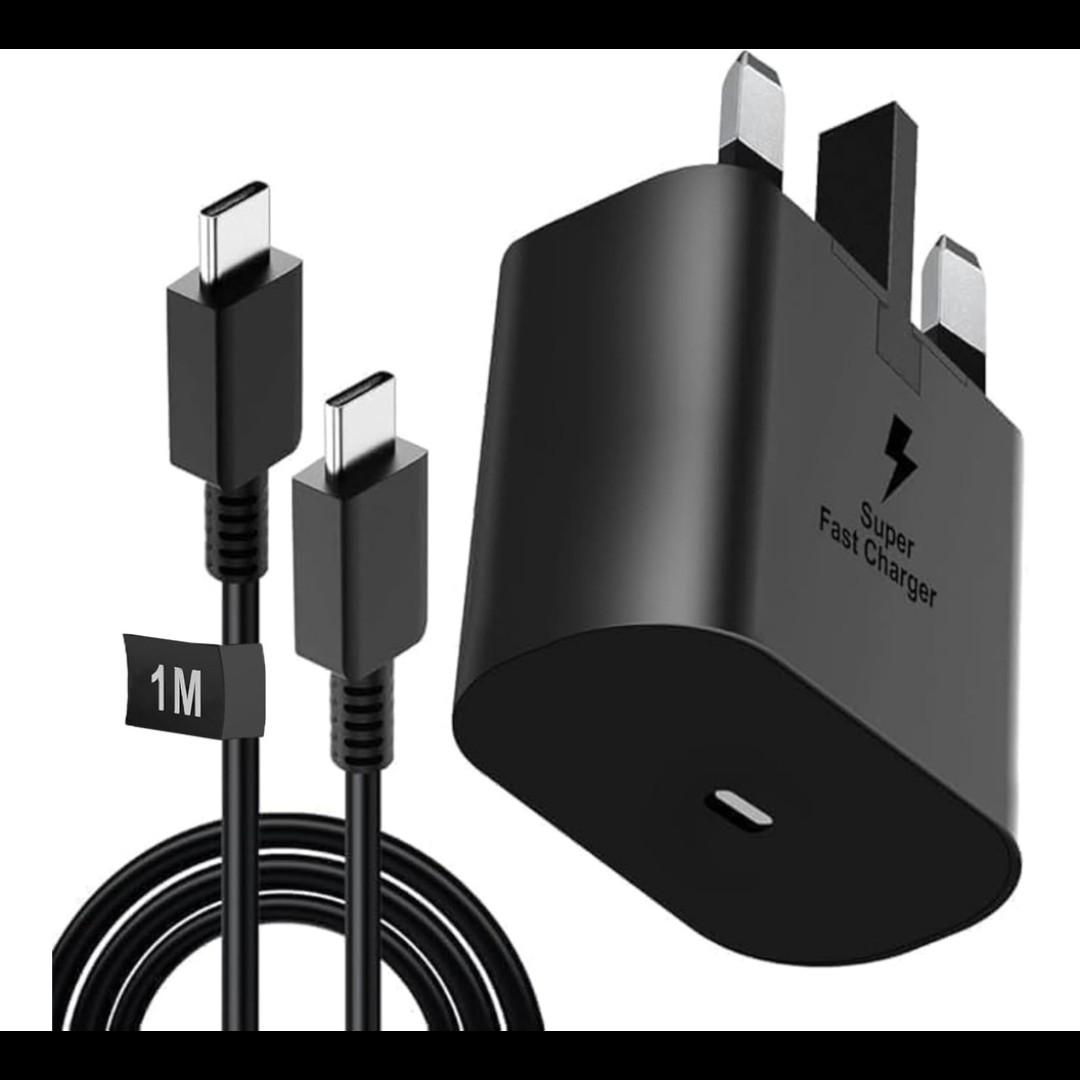 Samsung 25W PD Power Adapter With C-to-C Cable Super Fast Charging USB Type-C Wall Charger (UK Plug, 3-pin) 1.8M For All Androids Galaxy S24 Ultra, S23, S22, Note 10, Tab S9 Black & White
