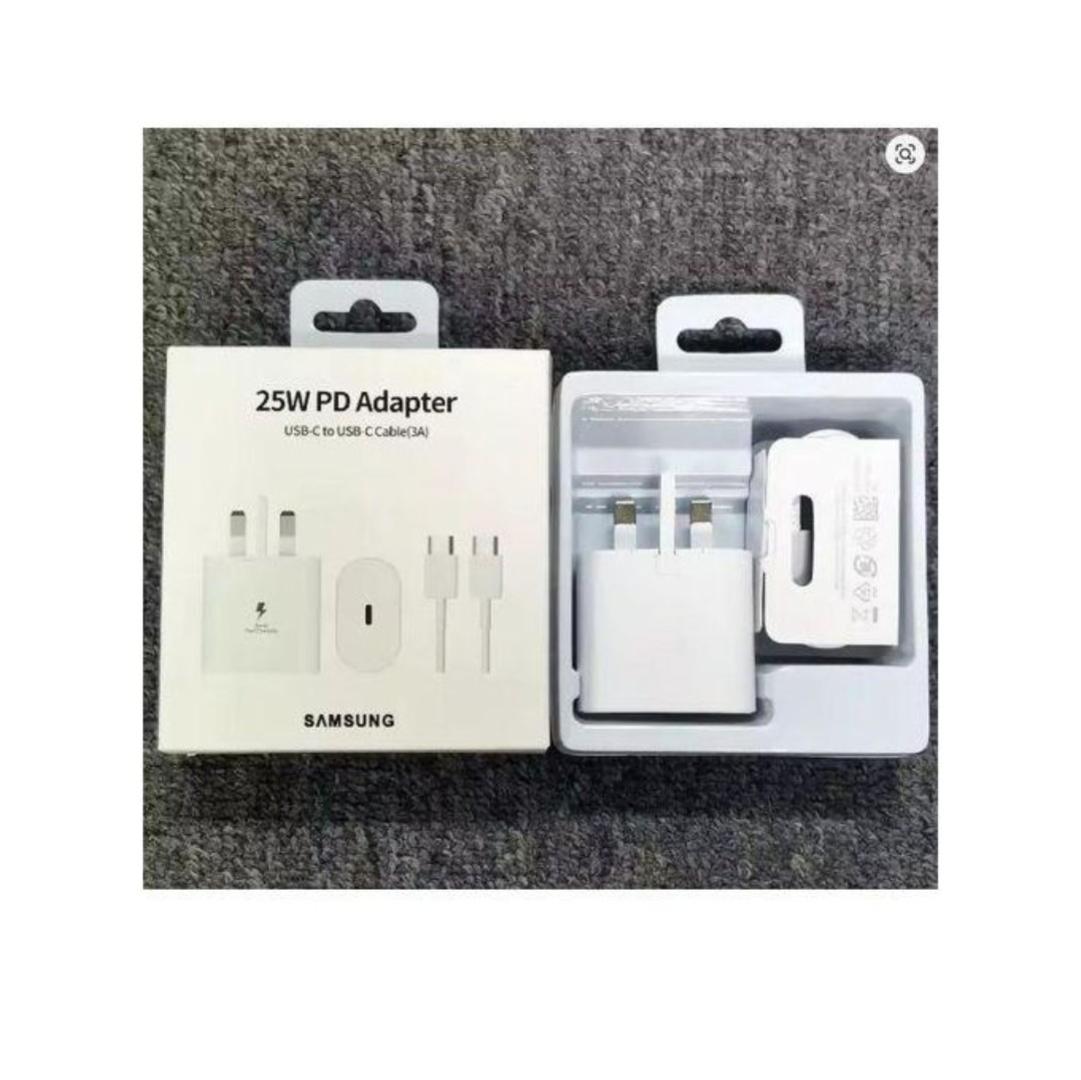 Samsung 25W PD Power Adapter With C-to-C Cable Super Fast Charging USB Type-C Wall Charger (UK Plug, 3-pin) 1.8M For All Androids Galaxy S24 Ultra, S23, S22, Note 10, Tab S9 Black & White