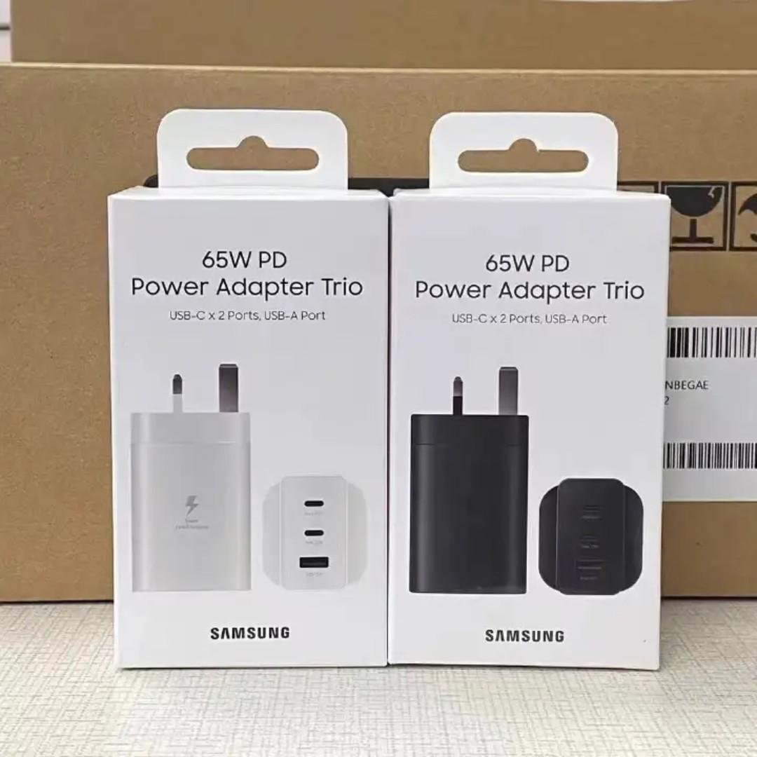 Samsung 65W Trio Power Adapter PD Only Fast Charger Fast Charging (UK Plug, 3-pin) Triple Charging with Universal Compatibility For Galaxy S24 Ultra, S23, S22, Note 10, Tab S9