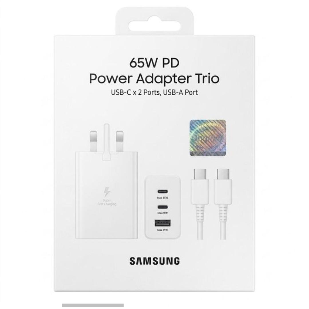 Samsung 65W Trio Power Adapter PD Fast Charger with 5A USB Type-C Cable Fast Charger (UK Plug, 3-pin) Triple Charging with Universal Compatibility For Galaxy S24 Ultra, S23, S22, Note 10, Tab S9