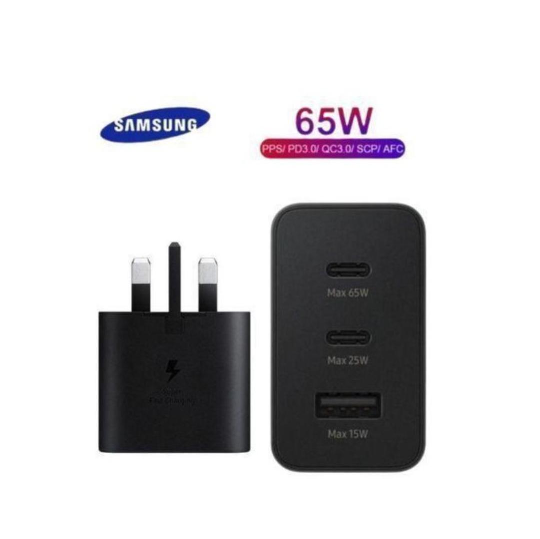 Samsung 65W Trio Power Adapter PD Only Fast Charger Fast Charging (UK Plug, 3-pin) Triple Charging with Universal Compatibility For Galaxy S24 Ultra, S23, S22, Note 10, Tab S9