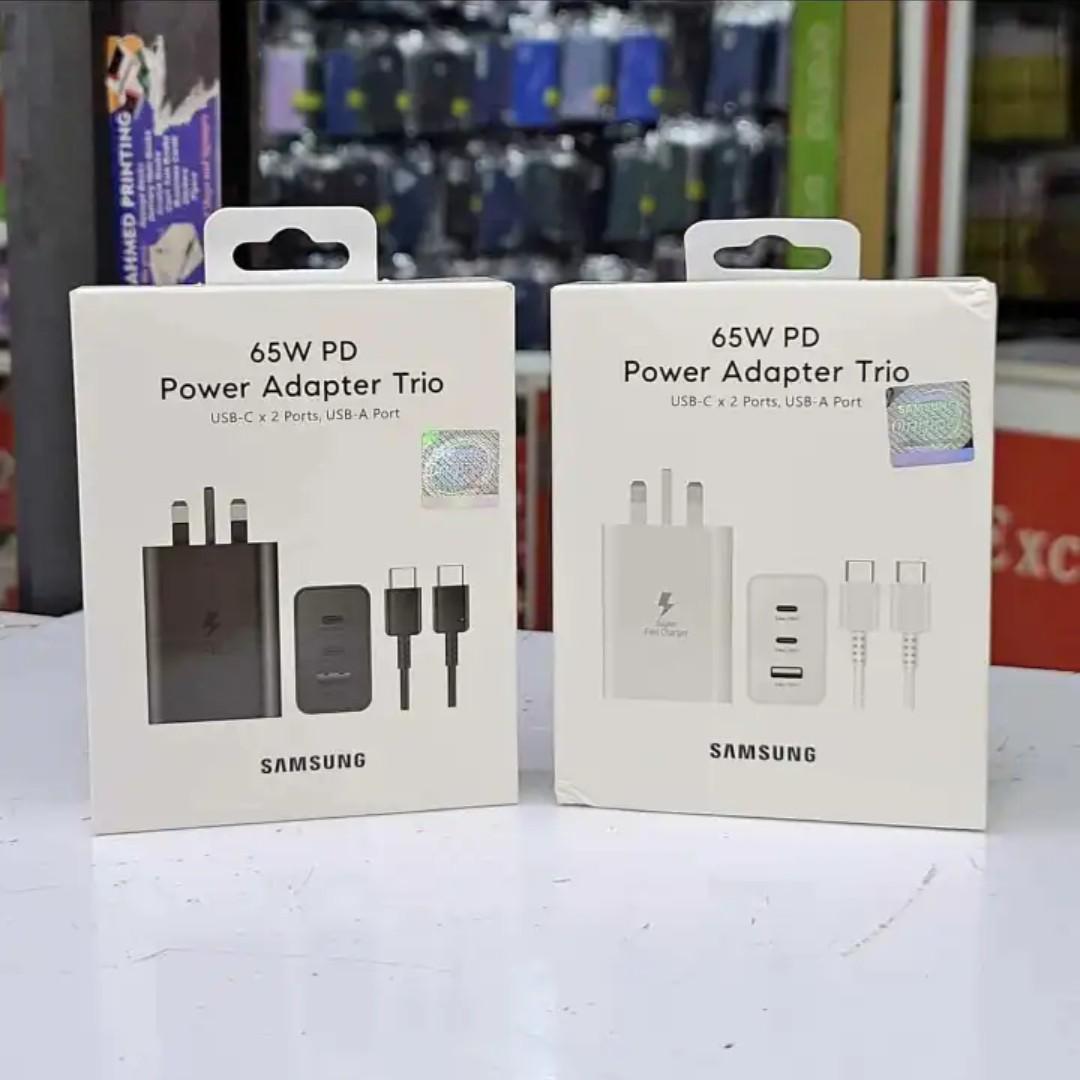 Samsung 65W Trio Power Adapter PD Fast Charger with 5A USB Type-C Cable Fast Charger (UK Plug, 3-pin) Triple Charging with Universal Compatibility For Galaxy S24 Ultra, S23, S22, Note 10, Tab S9