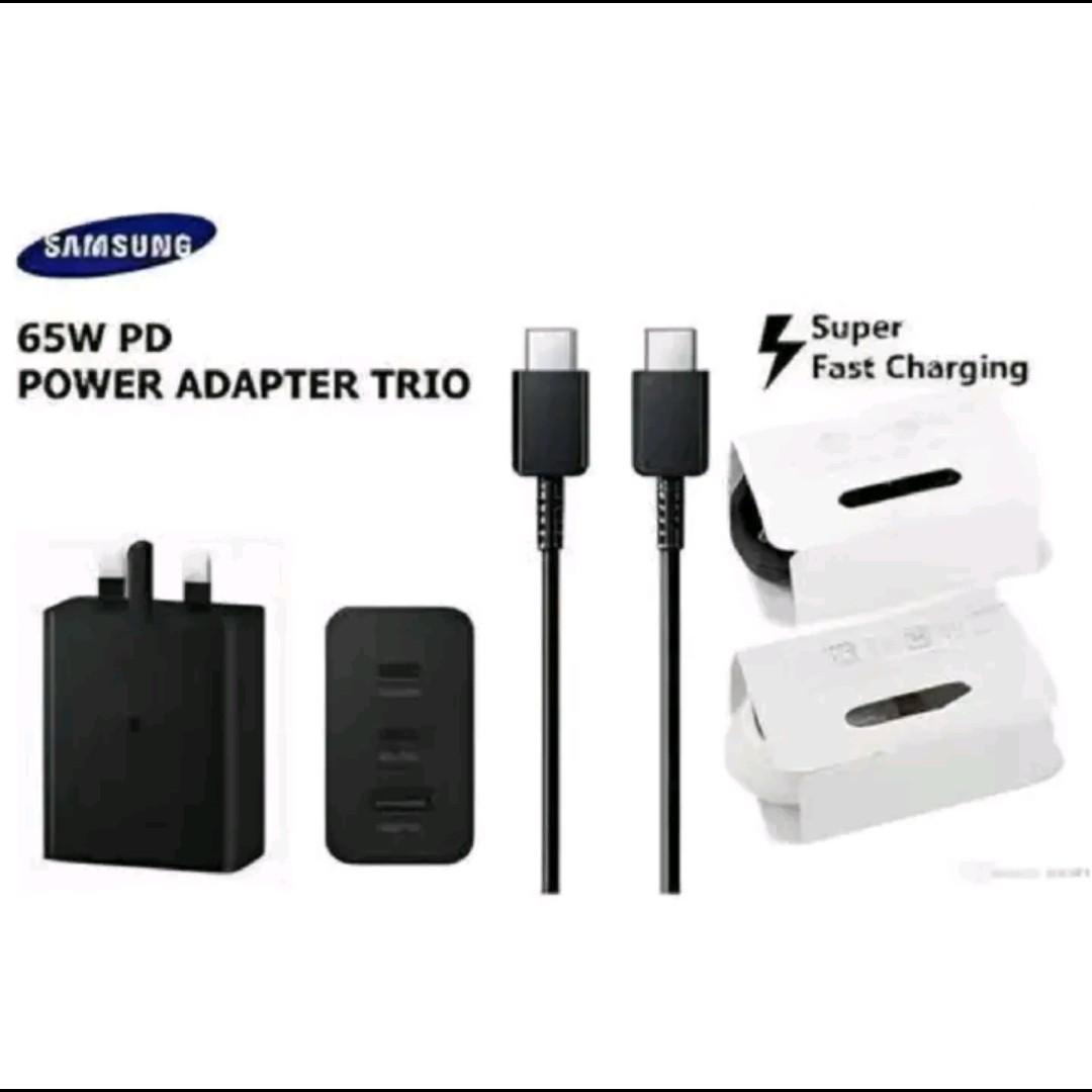 Samsung 65W Trio Power Adapter PD Fast Charger with 5A USB Type-C Cable Fast Charger (UK Plug, 3-pin) Triple Charging with Universal Compatibility For Galaxy S24 Ultra, S23, S22, Note 10, Tab S9