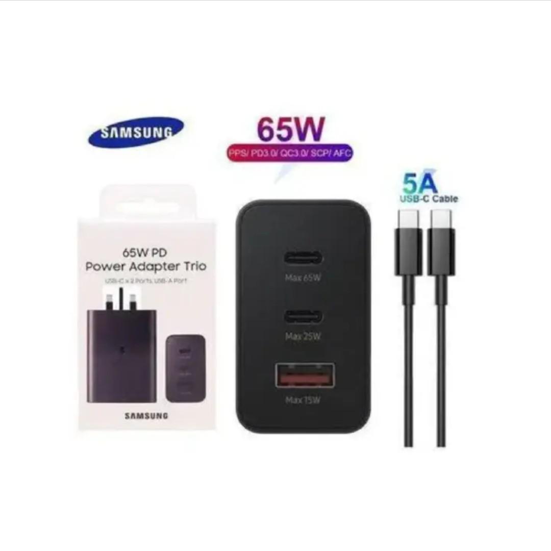Samsung 65W Trio Power Adapter PD Fast Charger with 5A USB Type-C Cable Fast Charger (UK Plug, 3-pin) Triple Charging with Universal Compatibility For Galaxy S24 Ultra, S23, S22, Note 10, Tab S9