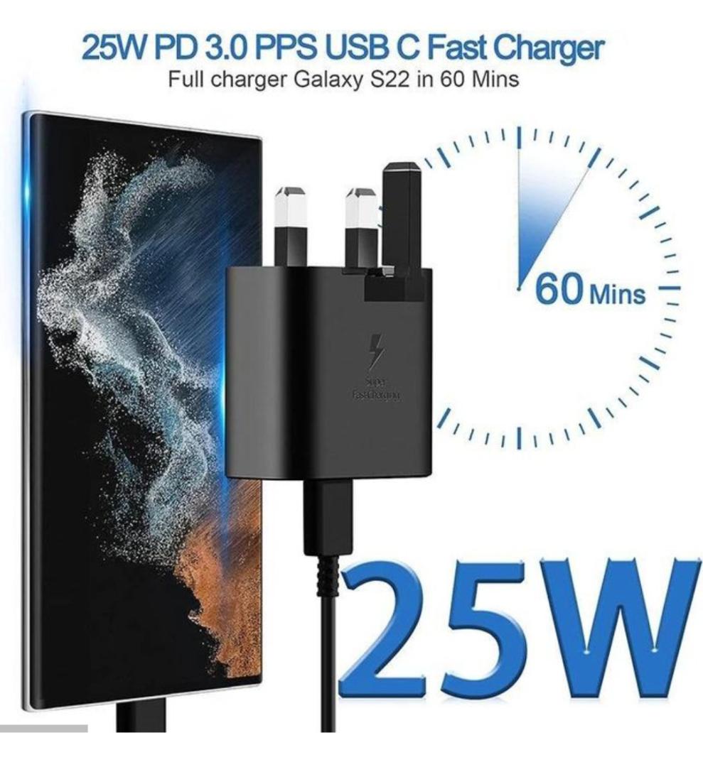 Samsung 25W PD Power Adapter With C-to-C Cable Super Fast Charging USB Type-C Wall Charger (UK Plug, 3-pin) 1.8M For All Androids Galaxy S24 Ultra, S23, S22, Note 10, Tab S9 Black & White