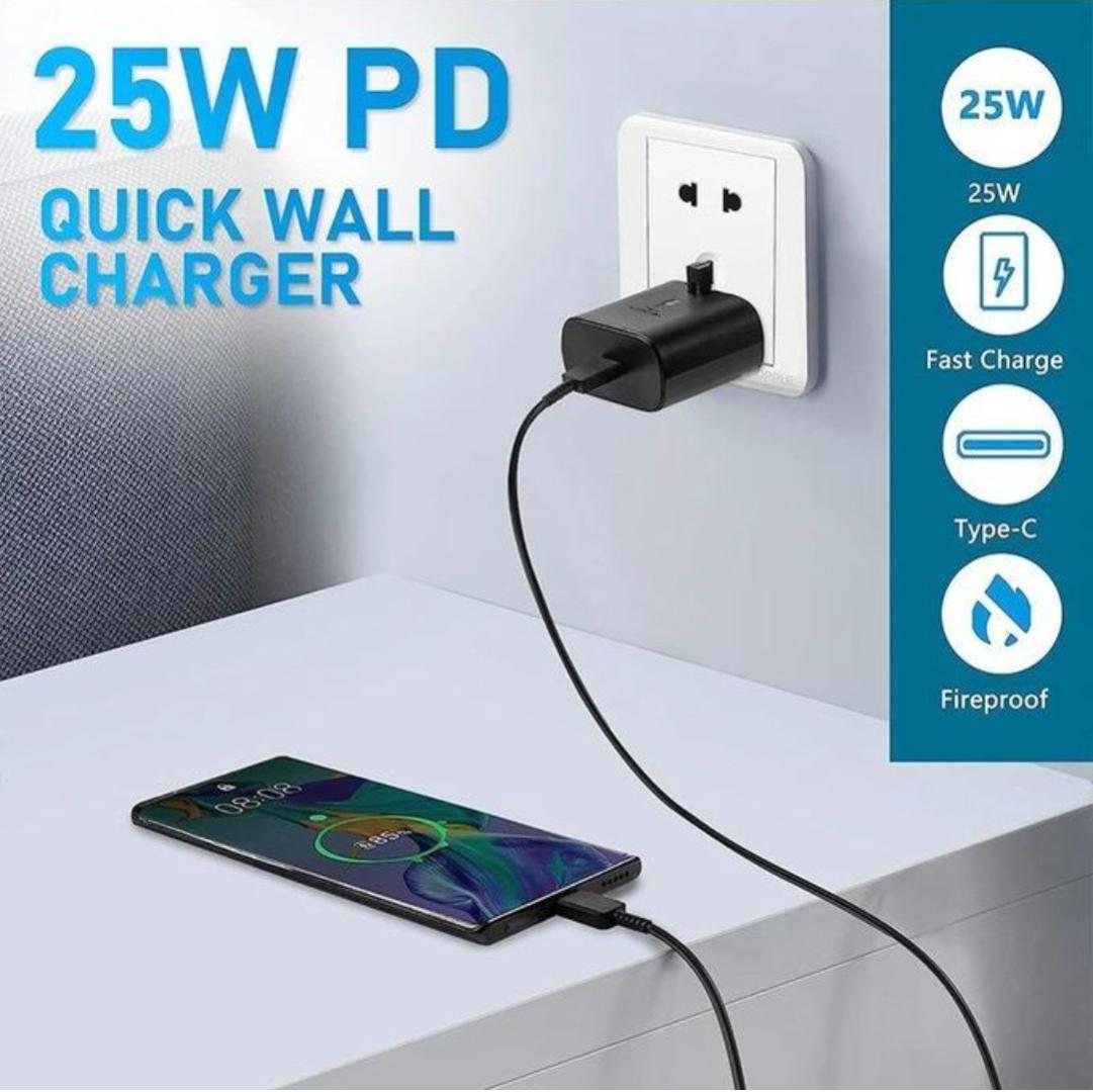 Samsung 25W PD Power Adapter With C-to-C Cable Super Fast Charging USB Type-C Wall Charger (UK Plug, 3-pin) 1.8M For All Androids Galaxy S24 Ultra, S23, S22, Note 10, Tab S9 Black & White