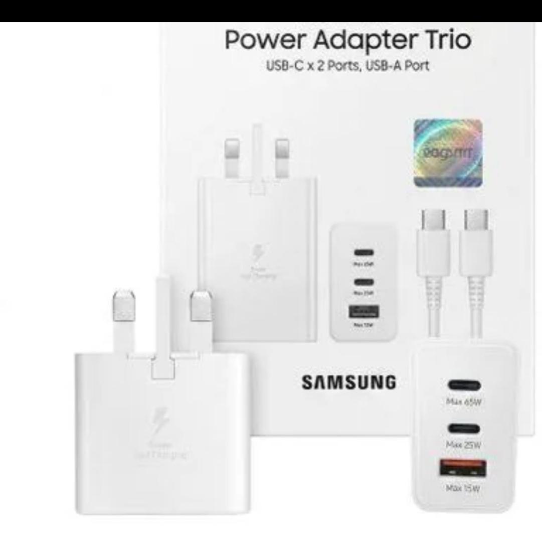 Samsung 65W Trio Power Adapter PD Fast Charger with 5A USB Type-C Cable Fast Charger (UK Plug, 3-pin) Triple Charging with Universal Compatibility For Galaxy S24 Ultra, S23, S22, Note 10, Tab S9