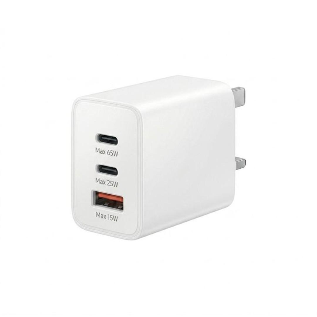 Samsung 65W Trio Power Adapter PD Only Fast Charger Fast Charging (UK Plug, 3-pin) Triple Charging with Universal Compatibility For Galaxy S24 Ultra, S23, S22, Note 10, Tab S9
