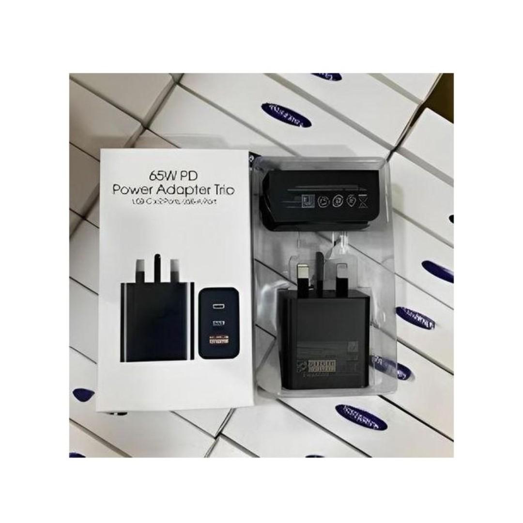 Samsung 65W Trio Power Adapter PD Only Fast Charger Fast Charging (UK Plug, 3-pin) Triple Charging with Universal Compatibility For Galaxy S24 Ultra, S23, S22, Note 10, Tab S9