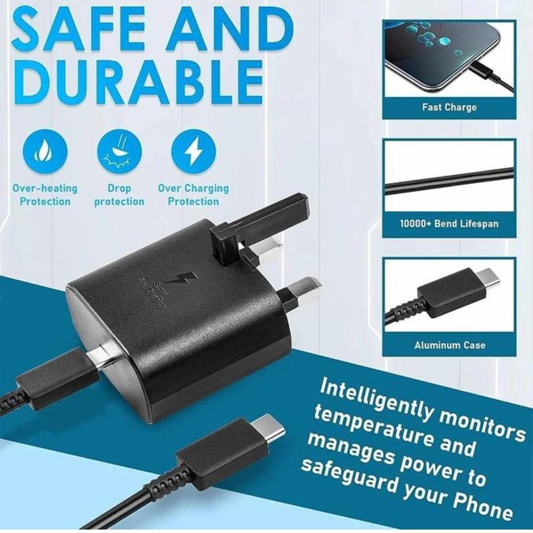 Samsung 25W PD Power Adapter With C-to-C Cable Super Fast Charging USB Type-C Wall Charger (UK Plug, 3-pin) 1.8M For All Androids Galaxy S24 Ultra, S23, S22, Note 10, Tab S9 Black & White