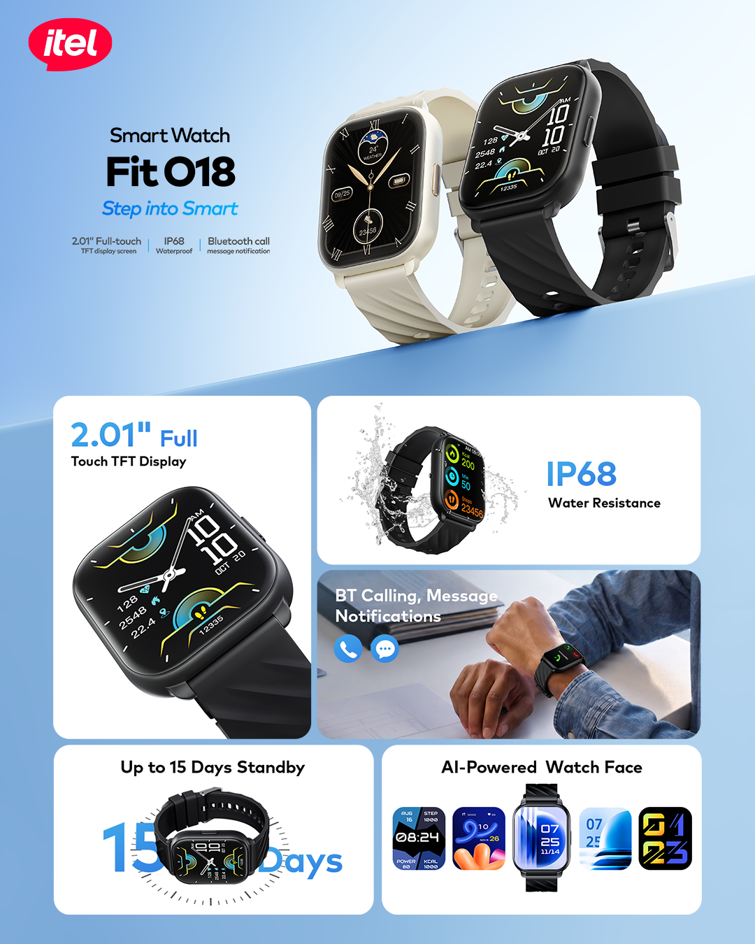 Smart Watch Fit O18B with a 2.01” HD display, Bluetooth calling, fitness tracking, IP68 water resistance, and a 300mAh battery.