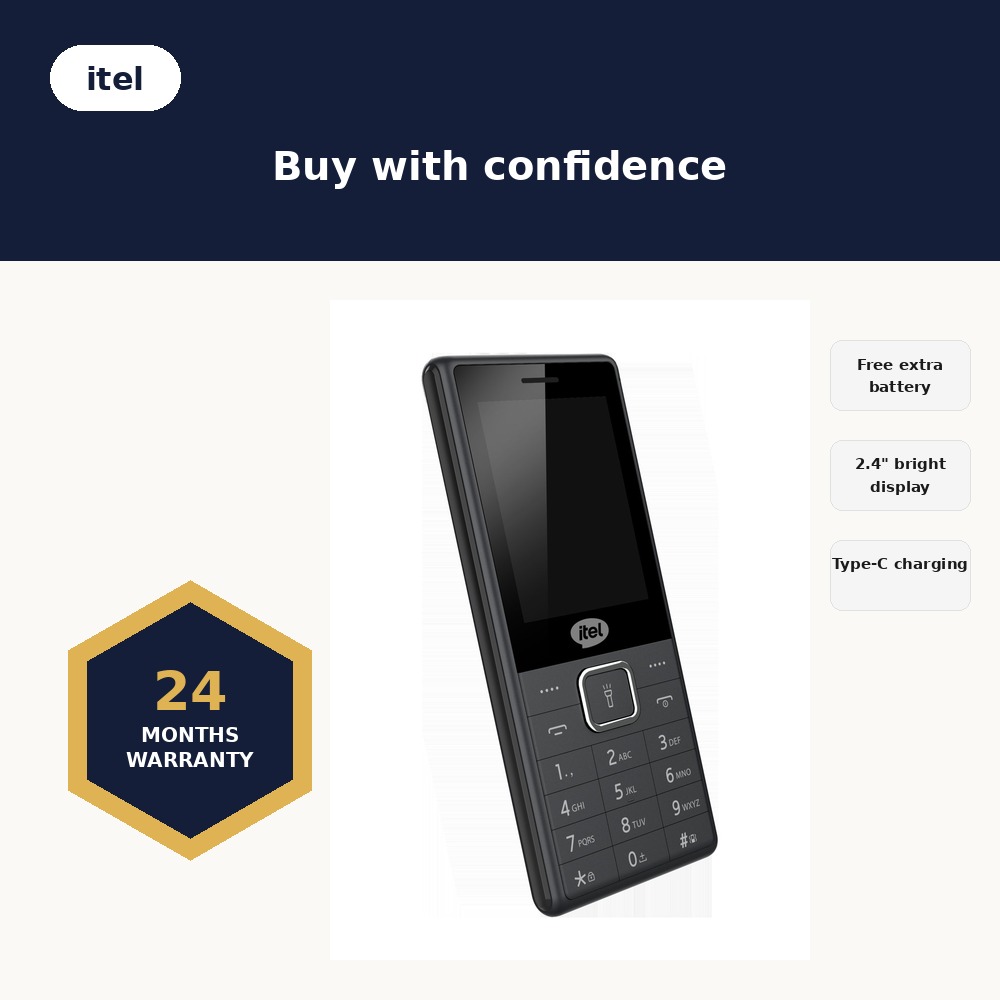 Itel 5033 Feature Phone with Dual Camera & Quick-Access Flashlight. 1 extra Battery, 500 txt messages.
