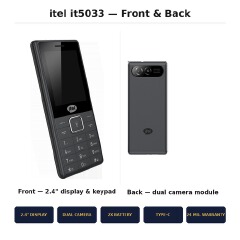 Itel 5033 Feature Phone with Dual Camera & Quick-Access Flashlight. 1 extra Battery, 500 txt messages.