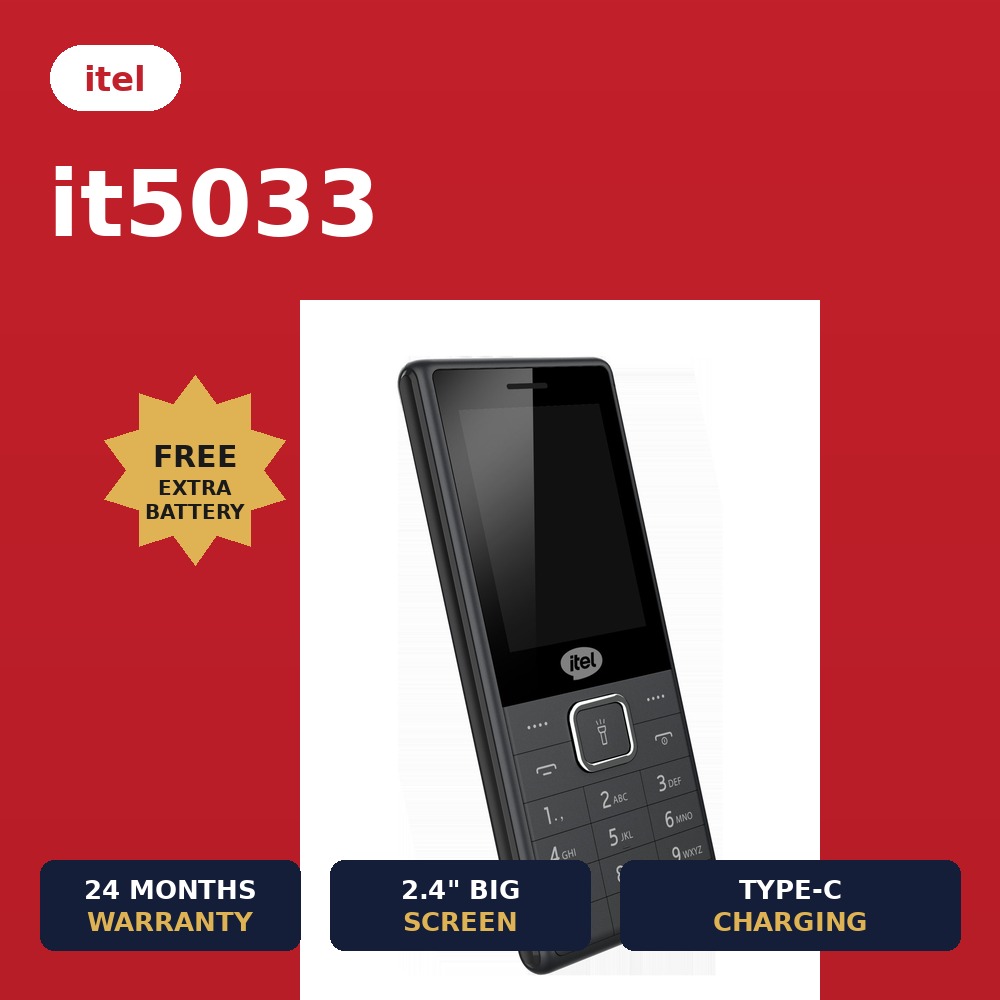 Itel 5033 Feature Phone with Dual Camera & Quick-Access Flashlight. 1 extra Battery, 500 txt messages.