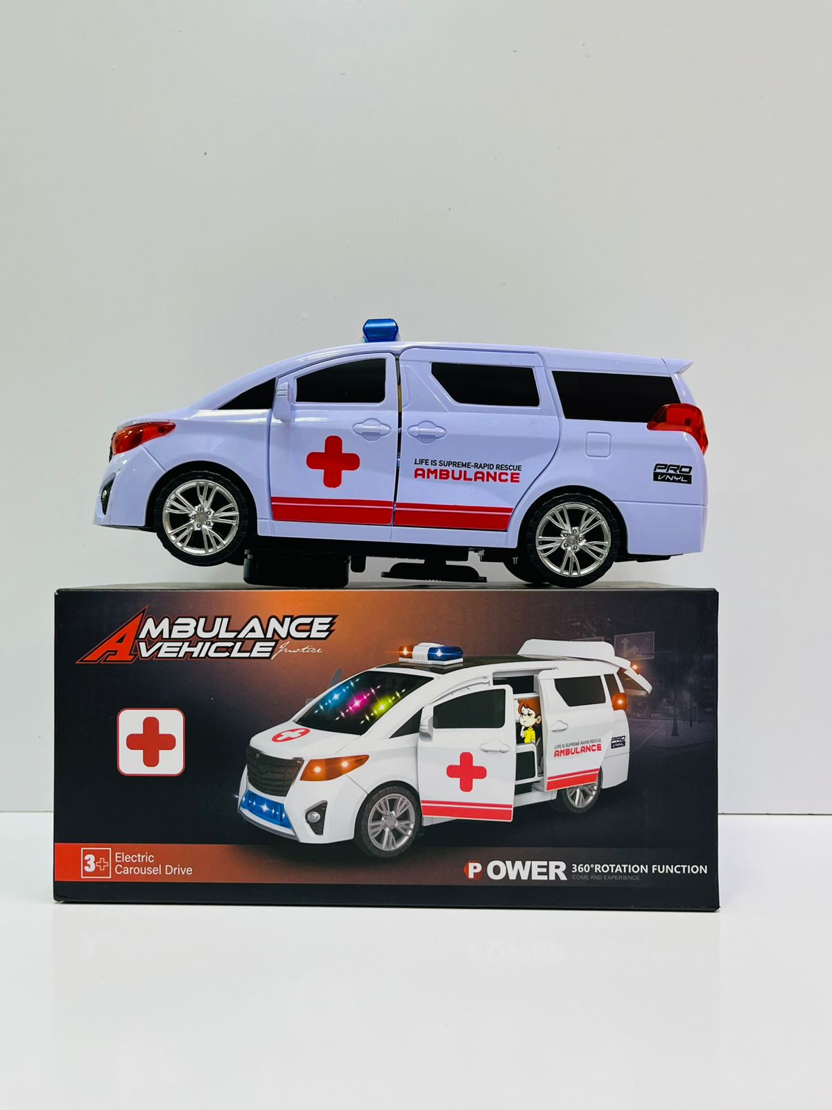 Lifeissupreme Rapid Rescue Ambulance – Electric Carousel Drive Vehicle with 360° Rotation Function, Lights & Sirens, Emergency Toy Car for Kids (Flashing LED + Sound Effects)