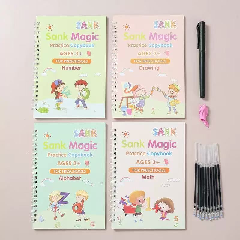 Sank Magic Practice Copybook Set (4 Books) – Reusable Grooved Writing Book for Preschoolers Ages 3+, Alphabet & Number Tracing with Magic Pen & 10 Refills – Perfect Gift for Kids Learning