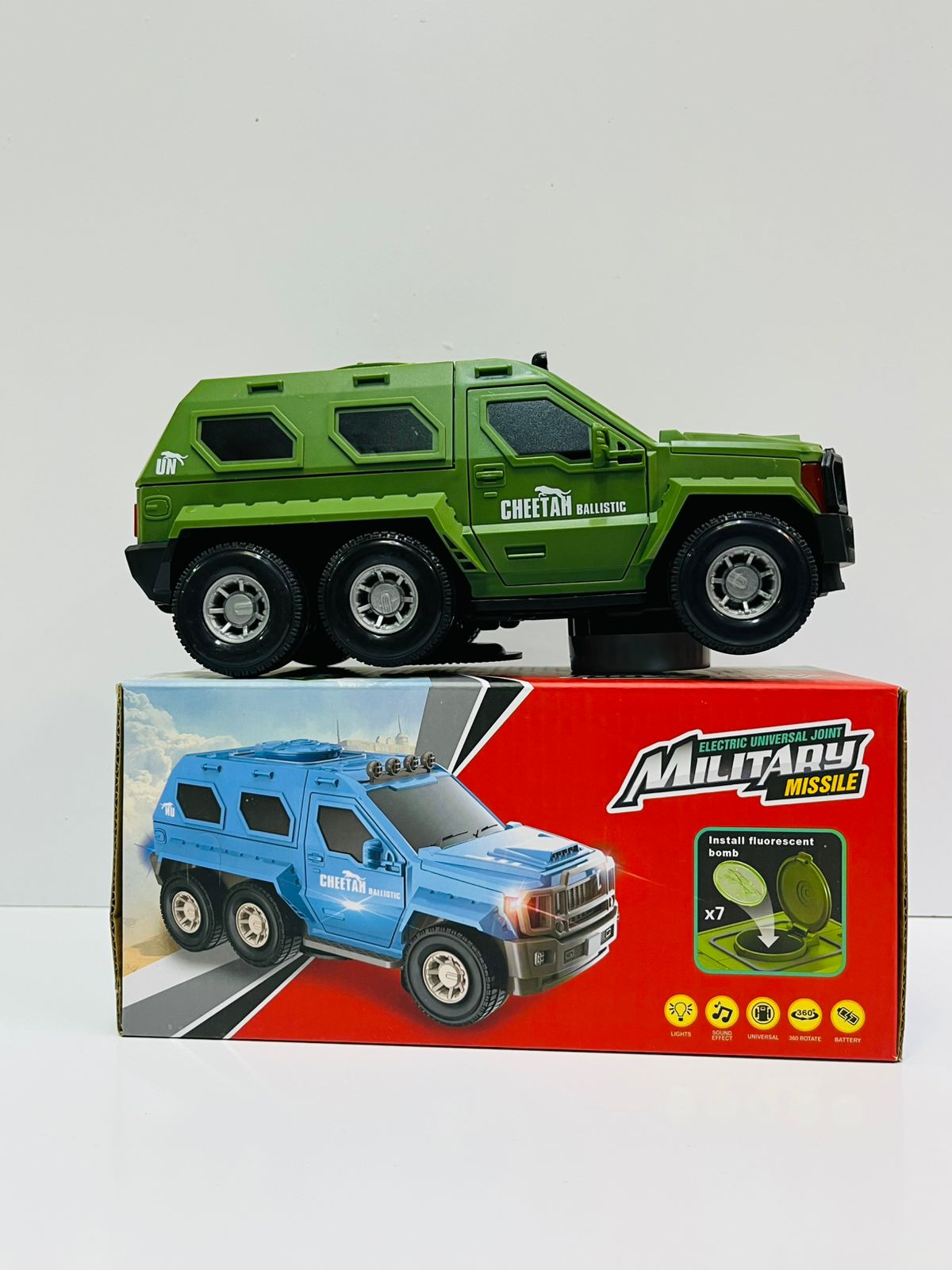 Cheetah Ballistic X7 Electric Military Vehicle – 360° Rotating Universal Joint, Launcher Missile with Lights & Sounds, 6×6 Off-Road Army Truck Toy for Kids