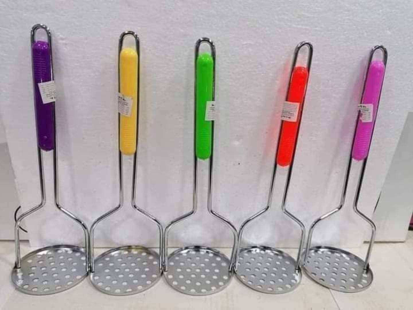 stainless steel potato masher / yam pounder* with colorful plastic handles