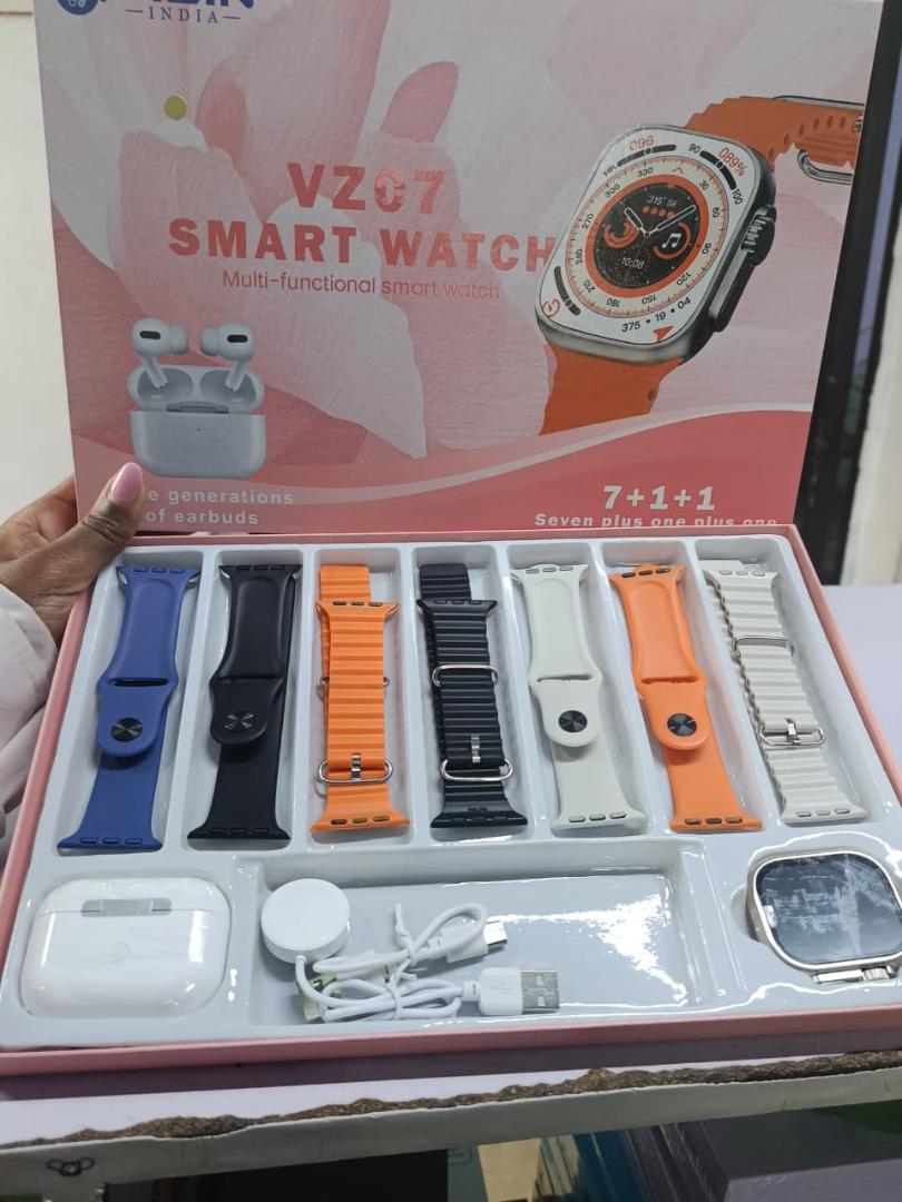 VZ07 Smart Watch Combo Set - "7+1+1" edition. smart watch with a square/rounded display, 7 interchangeable straps, 1 pair of white wireless earbuds + charging case.