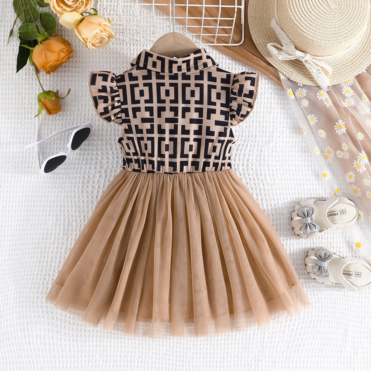 Kids Girls Summer Dress, Plaid Print Flying Sleeve Tulle Tutu Dress with Bow, Fashion Casual Party Dress for Toddler Girls