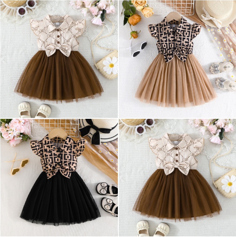 Kids Girls Summer Dress, Plaid Print Flying Sleeve Tulle Tutu Dress with Bow, Fashion Casual Party Dress for Toddler Girls