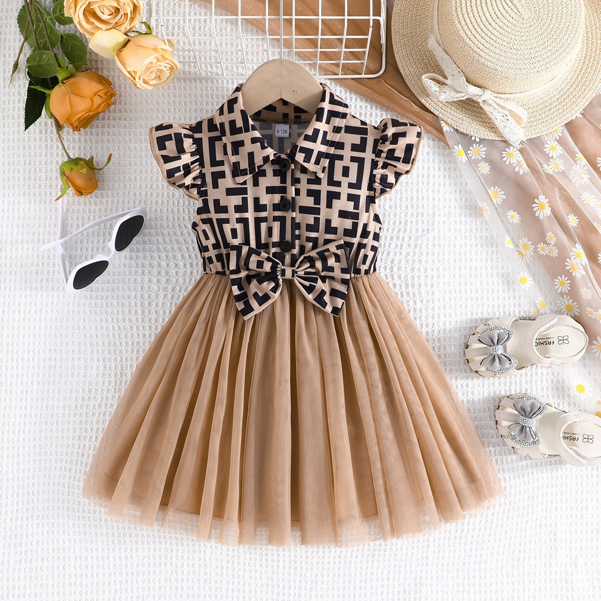 Kids Girls Summer Dress, Plaid Print Flying Sleeve Tulle Tutu Dress with Bow, Fashion Casual Party Dress for Toddler Girls