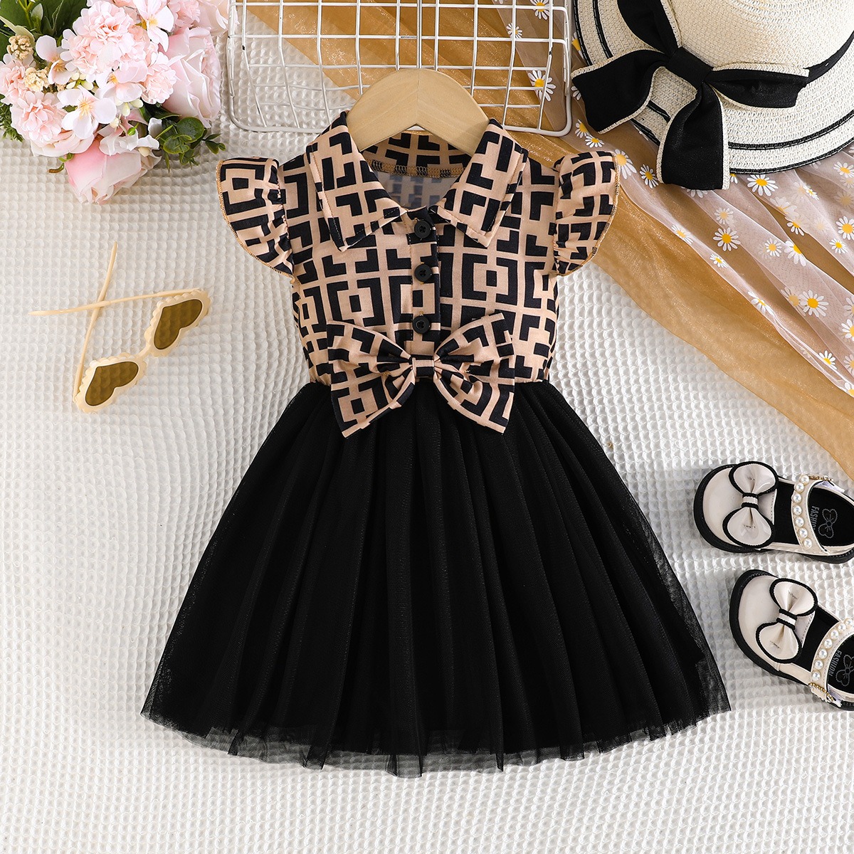 Kids Girls Summer Dress, Plaid Print Flying Sleeve Tulle Tutu Dress with Bow, Fashion Casual Party Dress for Toddler Girls
