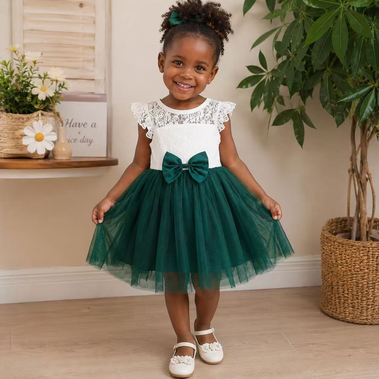 Girls Summer Lace Tulle Princess Dress Bowknot Party Birthday Dress for Kids 2-7Y