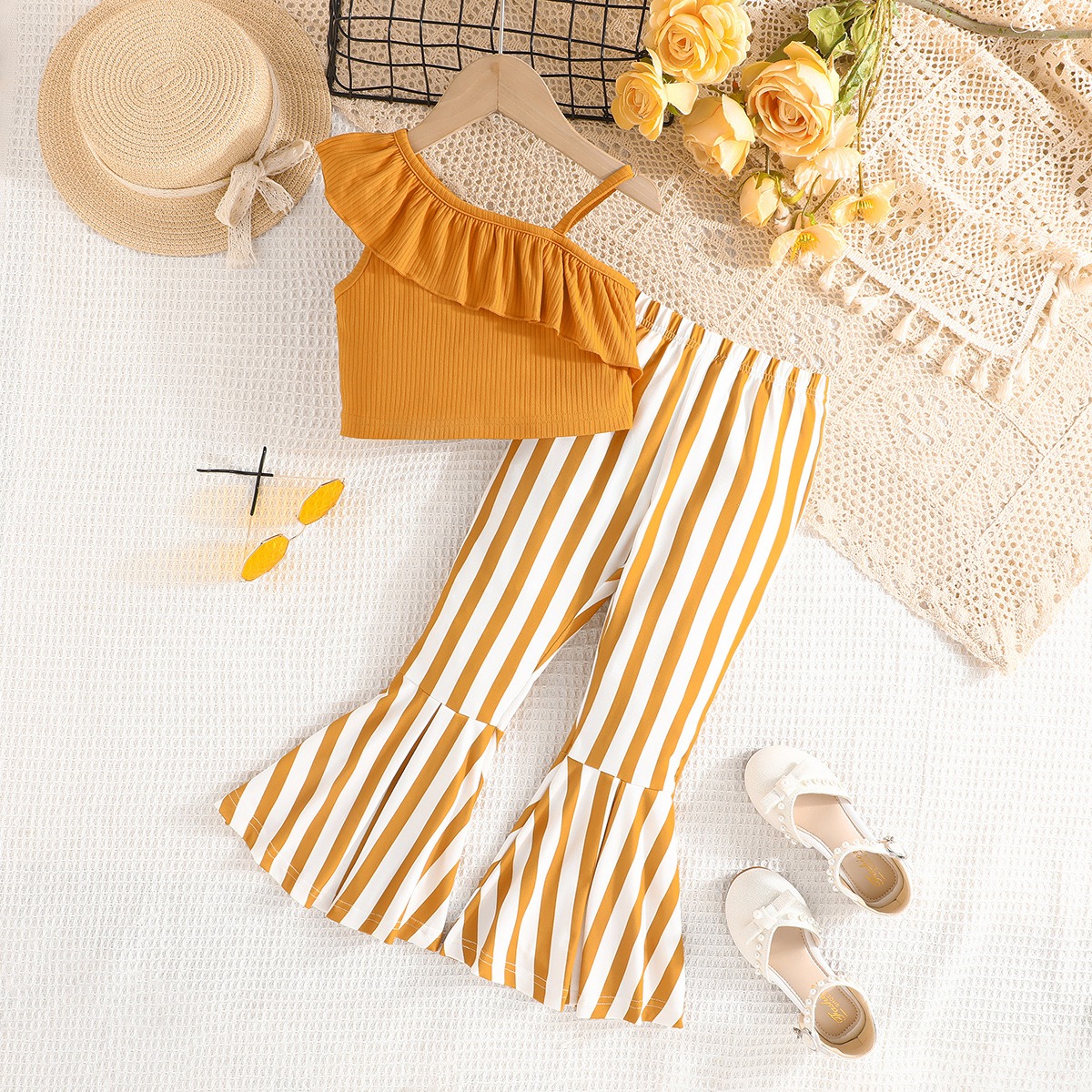 Girls Ribbed Ruffle Camisole Top and Striped Flare Pants Set Summer Casual Fashion 2PCS Outfit for Kids