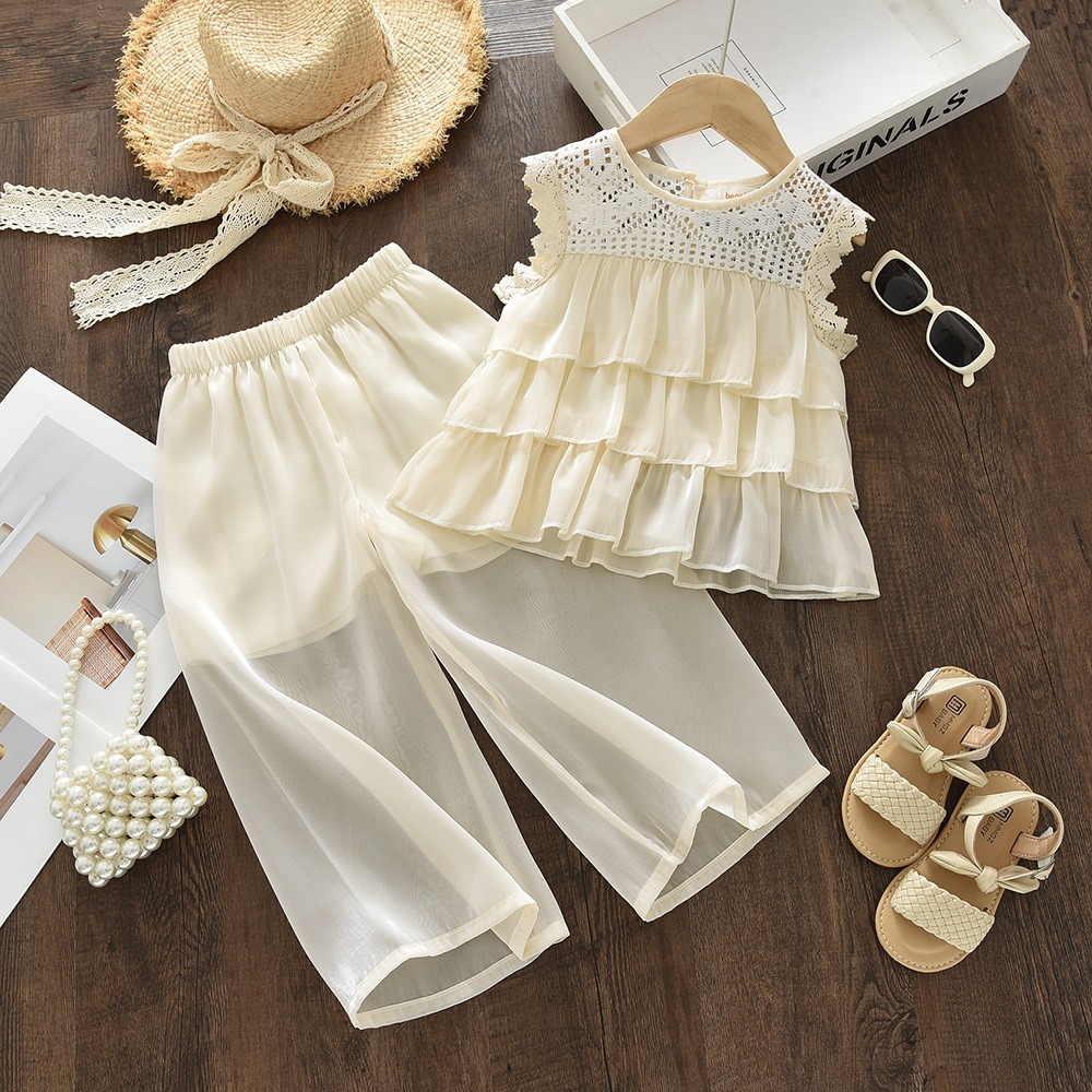 Girls Summer Lace Sleeveless Top & Wide Leg Pants Set Baby Girl 2PCS Outfit Casual Fashion Clothing Set