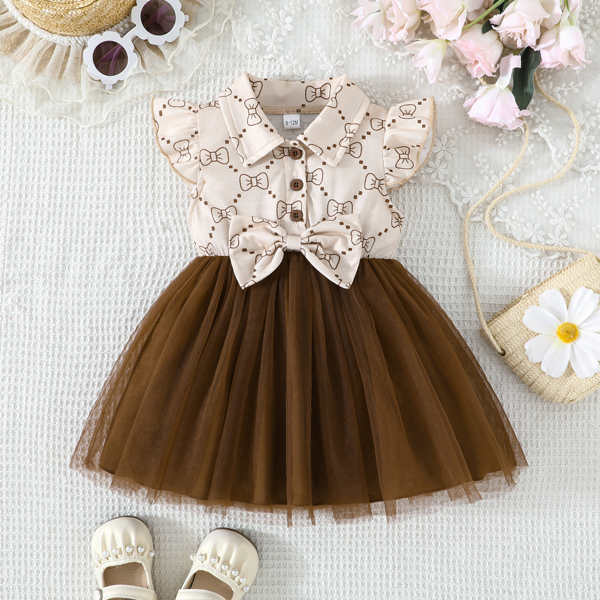 Kids Girls Summer Dress, Plaid Print Flying Sleeve Tulle Tutu Dress with Bow, Fashion Casual Party Dress for Toddler Girls