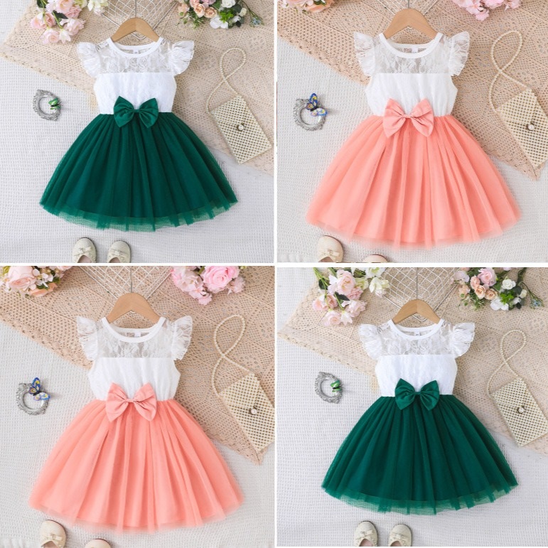 Girls Summer Lace Tulle Princess Dress Bowknot Party Birthday Dress for Kids 2-7Y
