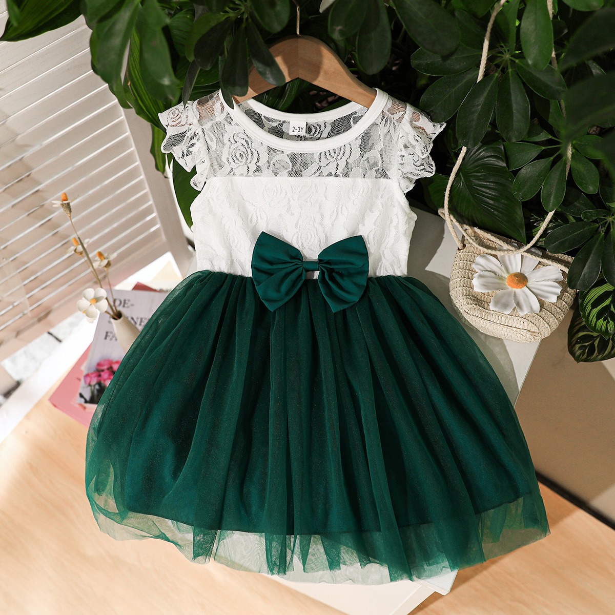 Girls Summer Lace Tulle Princess Dress Bowknot Party Birthday Dress for Kids 2-7Y