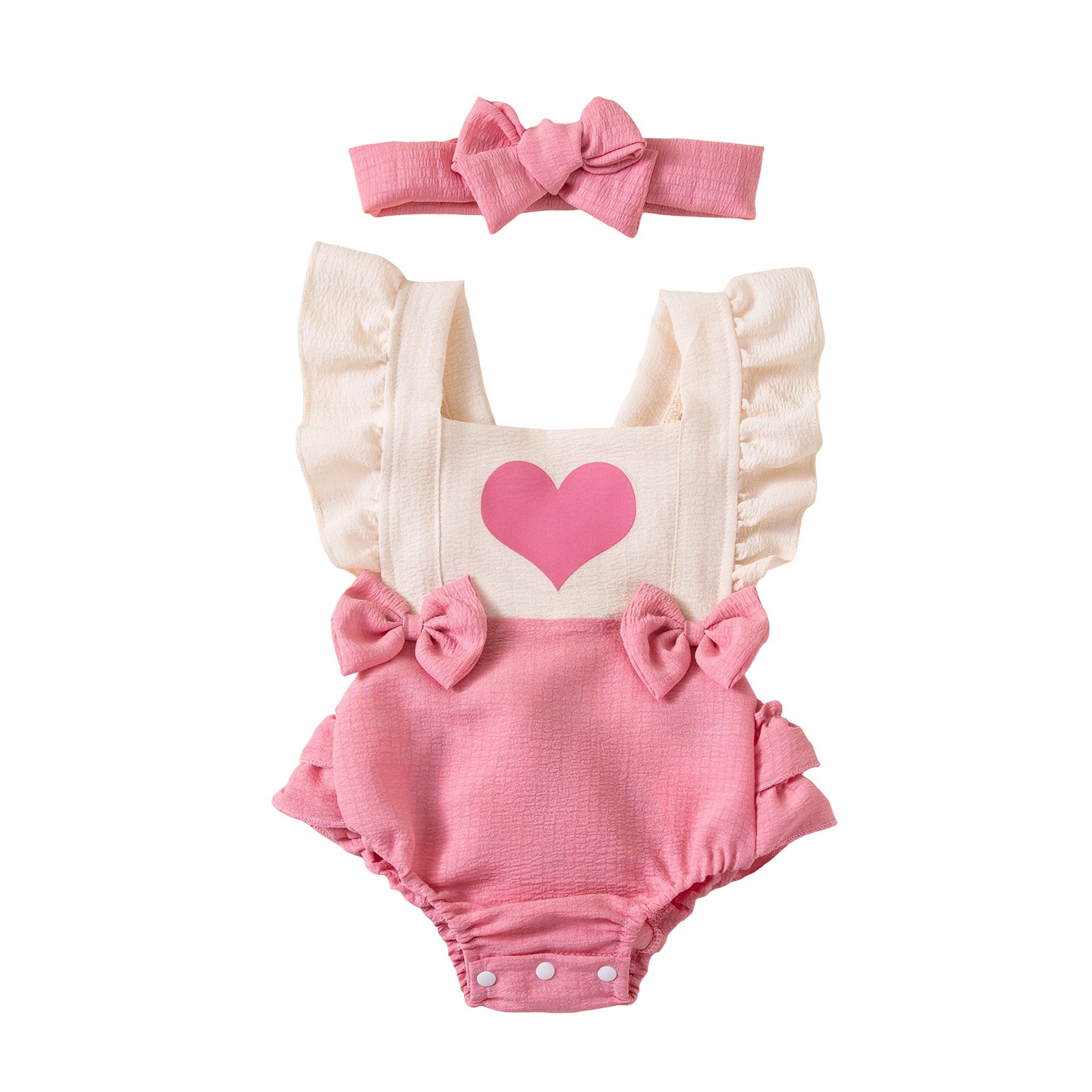 Baby Girl Romper with Heart Print and Bow, Sleeveless Ruffle Bodysuit, Summer Cross-Back Infant Jumpsuit