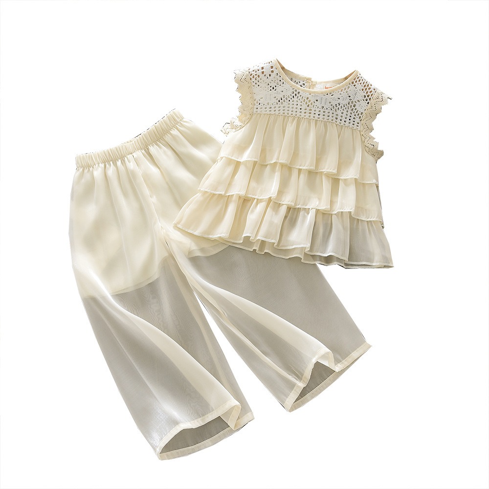 Girls Summer Lace Sleeveless Top & Wide Leg Pants Set Baby Girl 2PCS Outfit Casual Fashion Clothing Set
