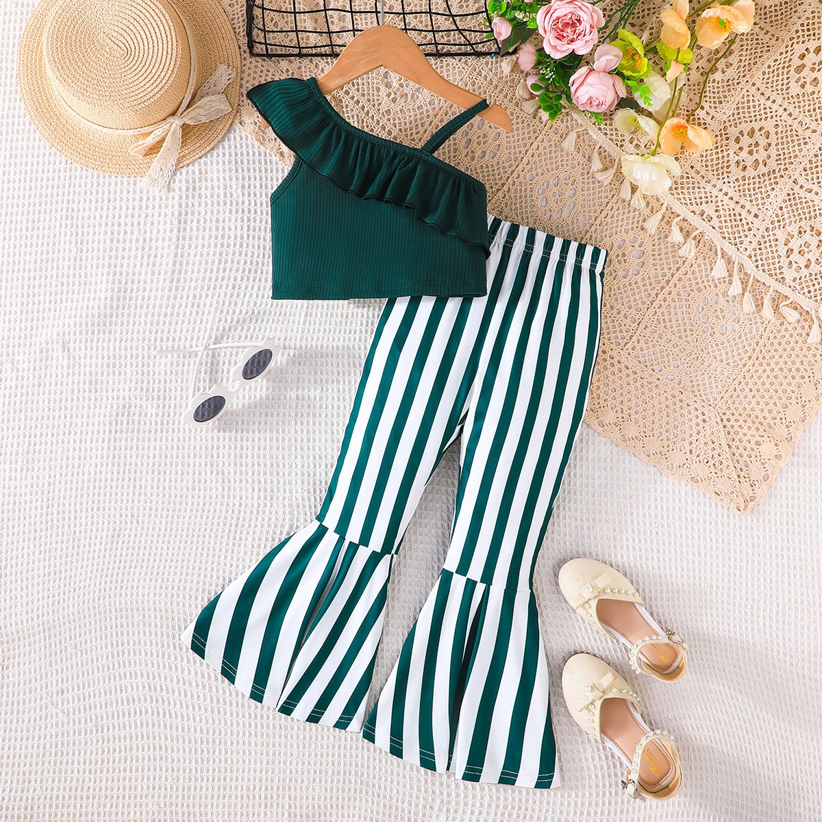 Girls Ribbed Ruffle Camisole Top and Striped Flare Pants Set Summer Casual Fashion 2PCS Outfit for Kids