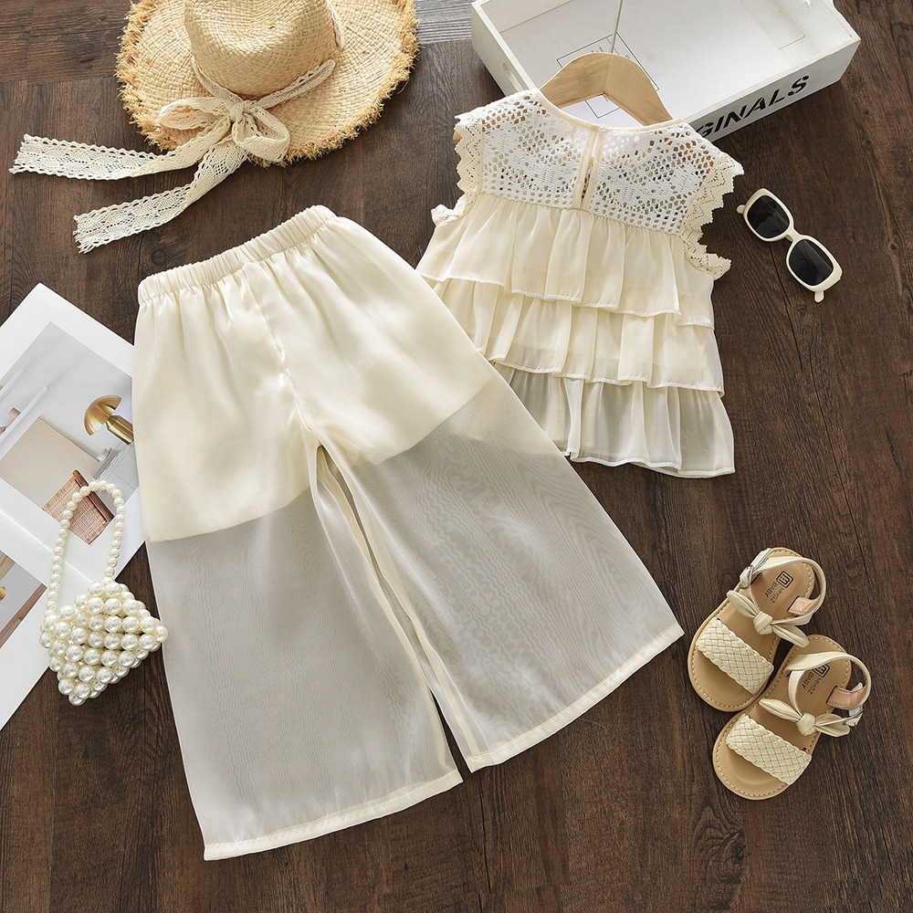 Girls Summer Lace Sleeveless Top & Wide Leg Pants Set Baby Girl 2PCS Outfit Casual Fashion Clothing Set