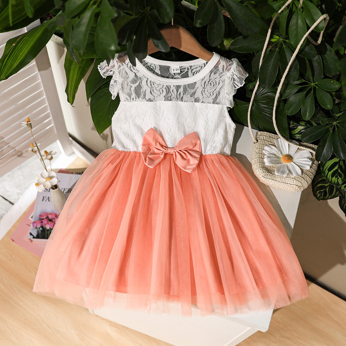 Girls Summer Lace Tulle Princess Dress Bowknot Party Birthday Dress for Kids 2-7Y