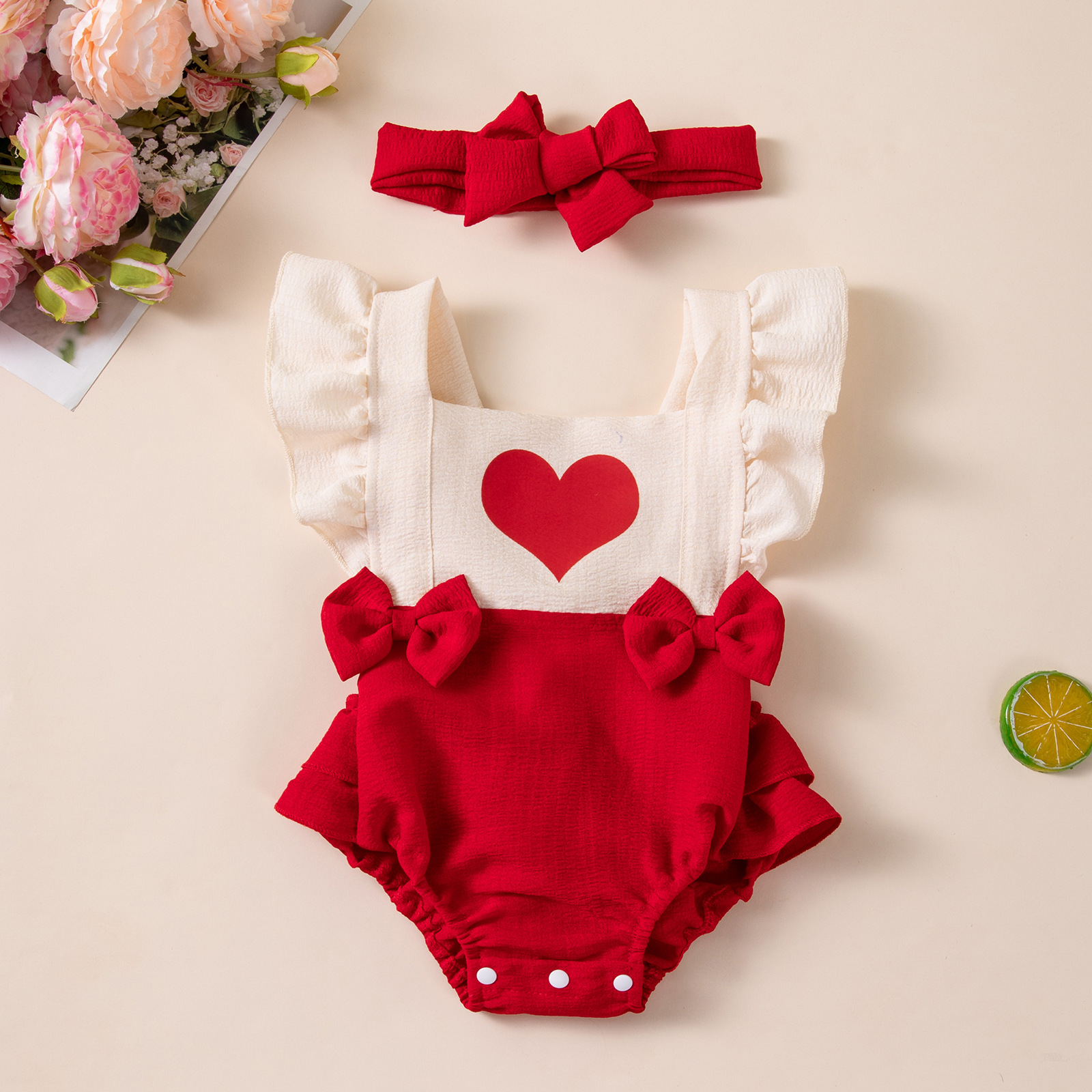 Baby Girl Romper with Heart Print and Bow, Sleeveless Ruffle Bodysuit, Summer Cross-Back Infant Jumpsuit