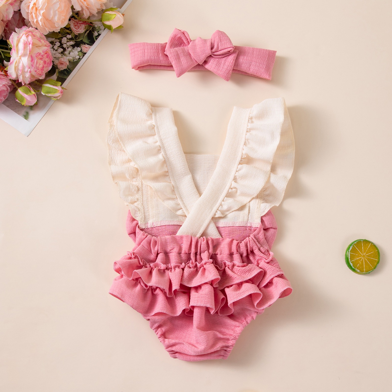 Baby Girl Romper with Heart Print and Bow, Sleeveless Ruffle Bodysuit, Summer Cross-Back Infant Jumpsuit