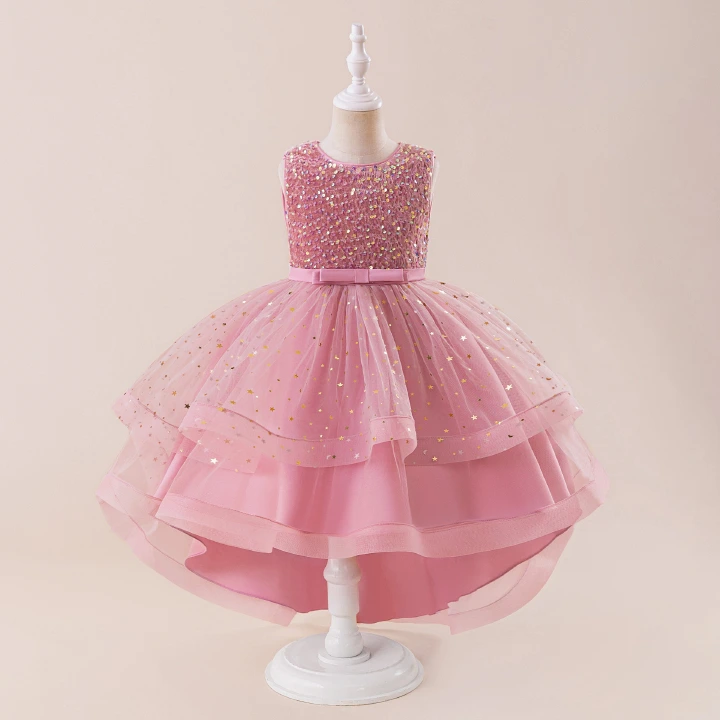 Girls Sequin Princess Dress Flower Girl Tutu Gown with Train Kids Pageant Dress Party Wedding Formal Wear