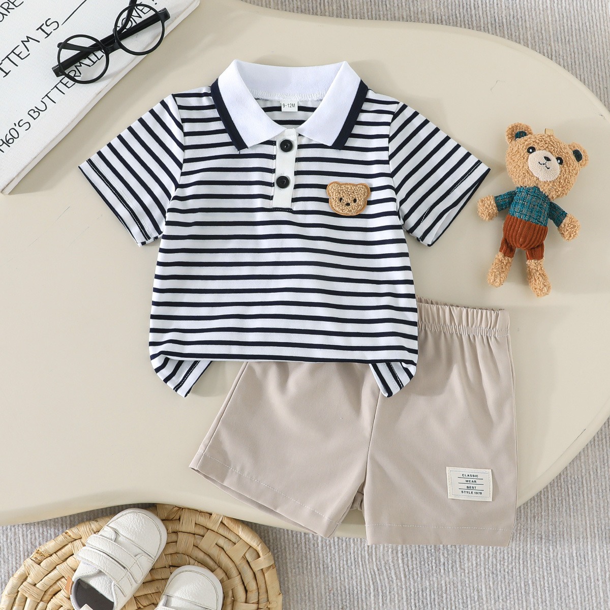 Baby Boys Striped Polo Shirt and Shorts Set Cute Bear Embroidery 2PCS Summer Casual Outfit Toddler Kids Clothes