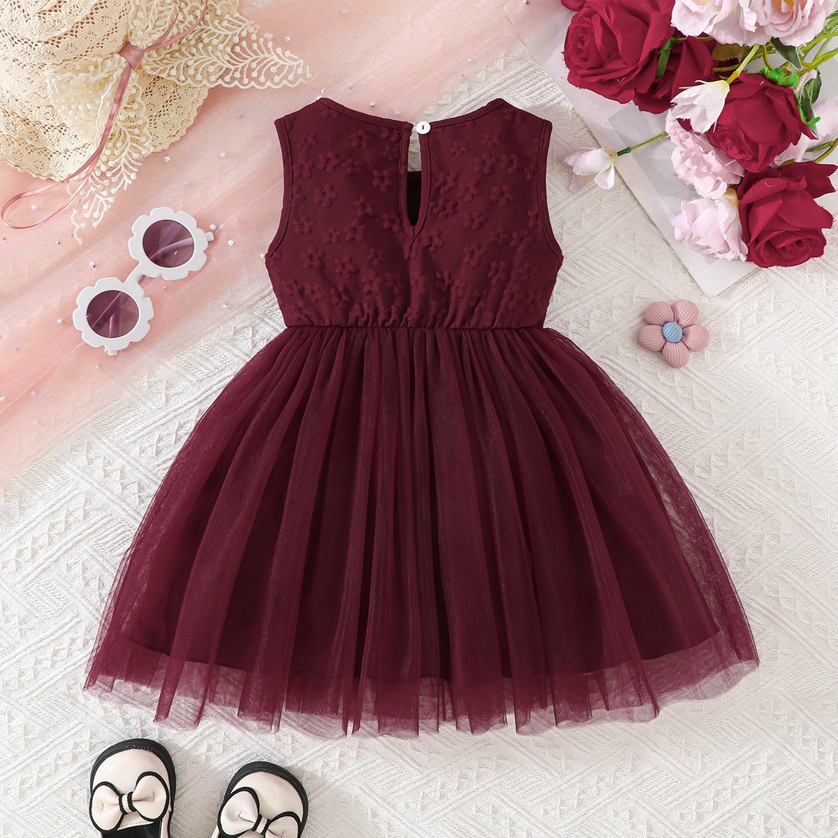 Girls Burgundy Princess Tulle Dress Sleeveless Big Bow Party Birthday Wedding Flower Girl Dress for Kids