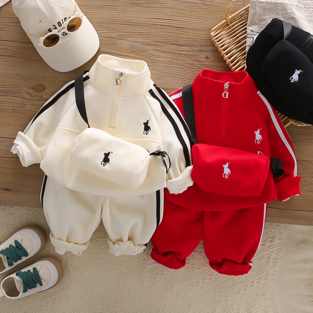 2026 Boys 2PCS Sports Outfit Set Half Zip Sweatshirt Jogger Pants with Crossbody Bag Casual Tracksuit Spring Autumn Kids Clothing